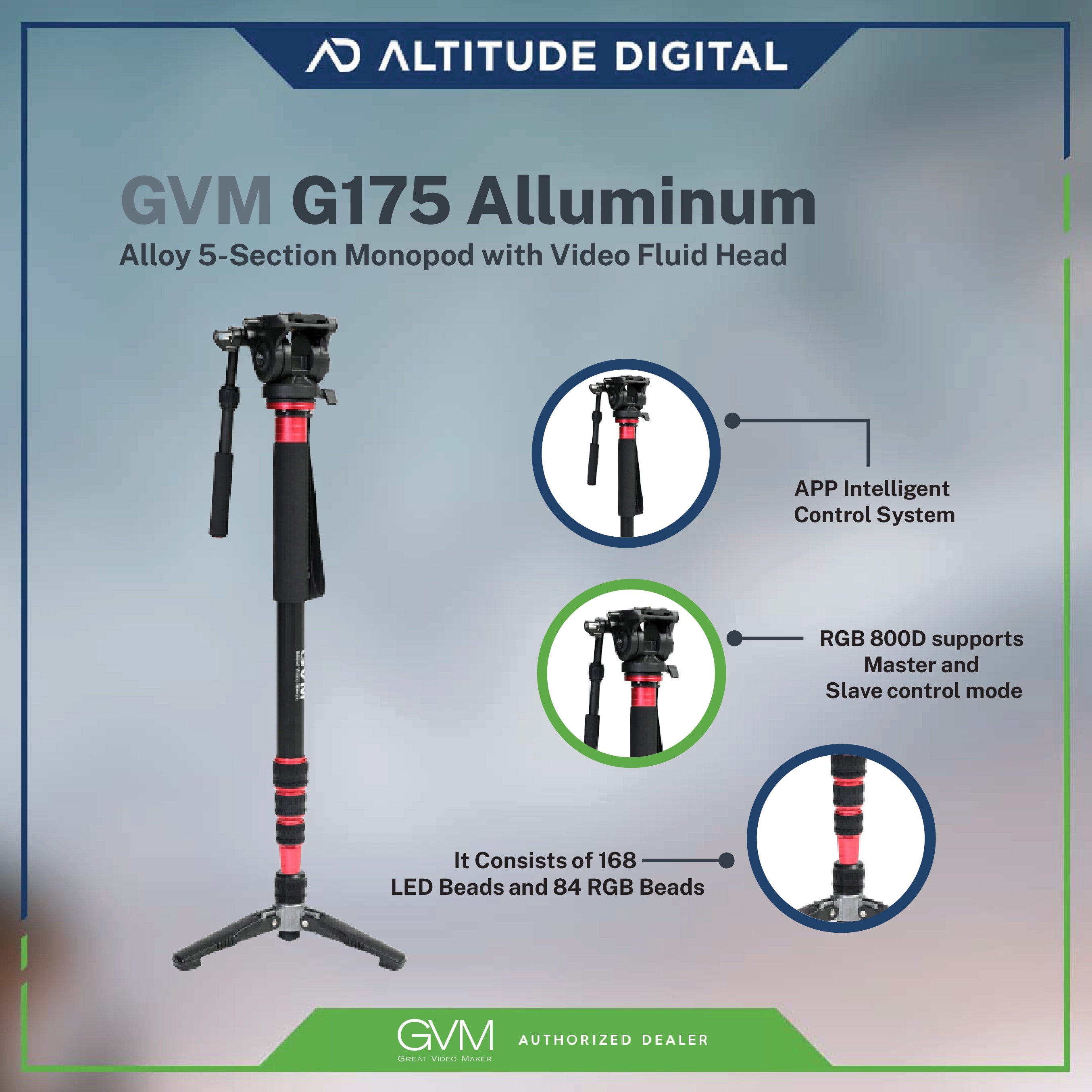 GVM G175 Alluminum Alloy 5-Section Monopod with Video Fluid Head