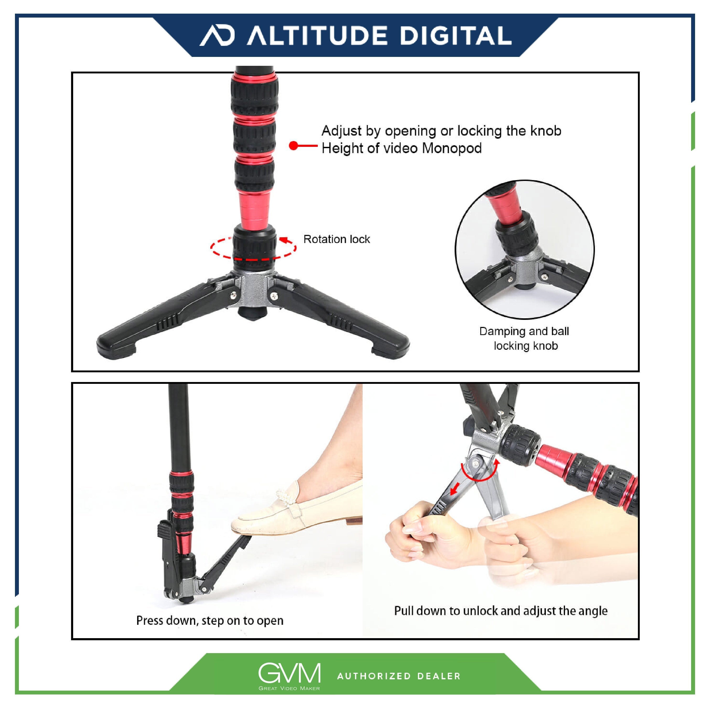 GVM G175 Alluminum Alloy 5-Section Monopod with Video Fluid Head