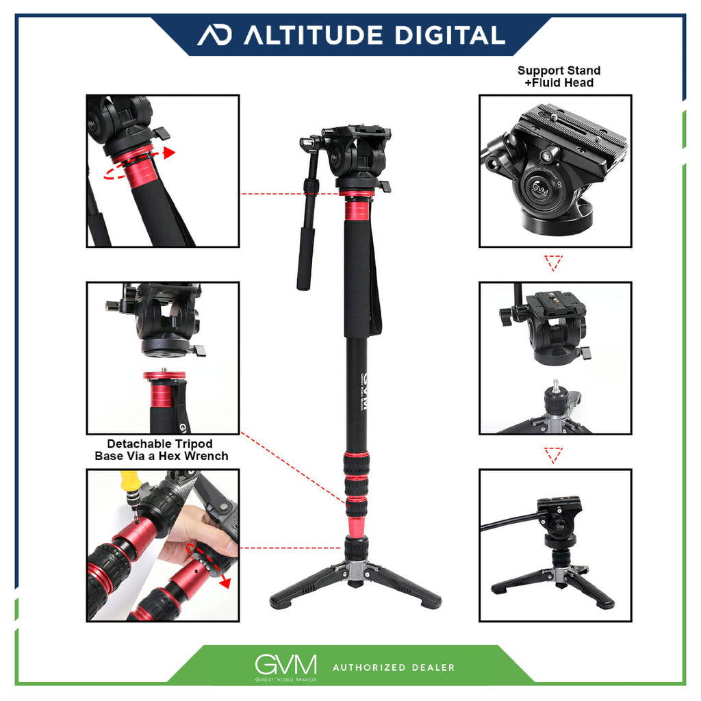 GVM G175 Alluminum Alloy 5-Section Monopod with Video Fluid Head