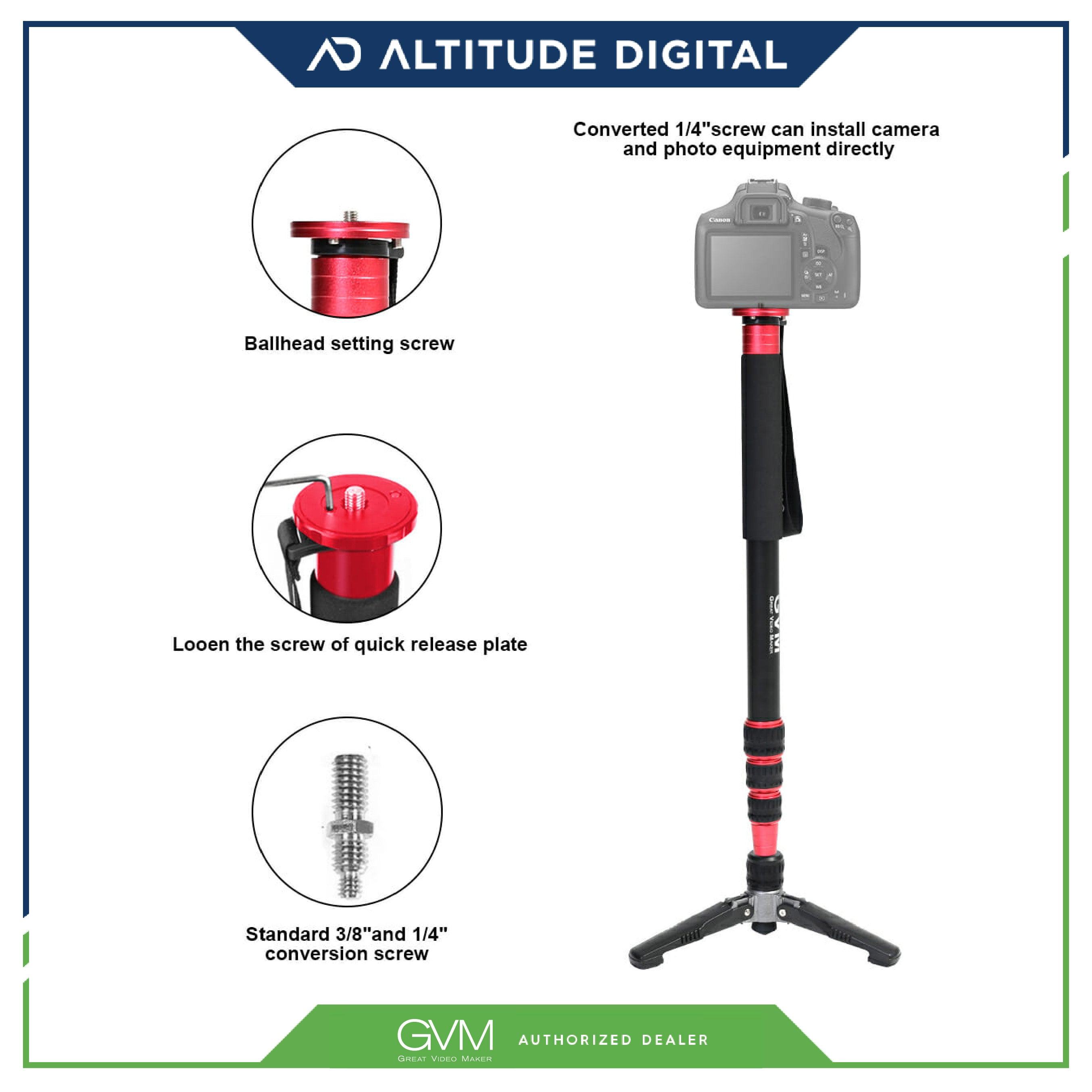 GVM G175 Alluminum Alloy 5-Section Monopod with Video Fluid Head