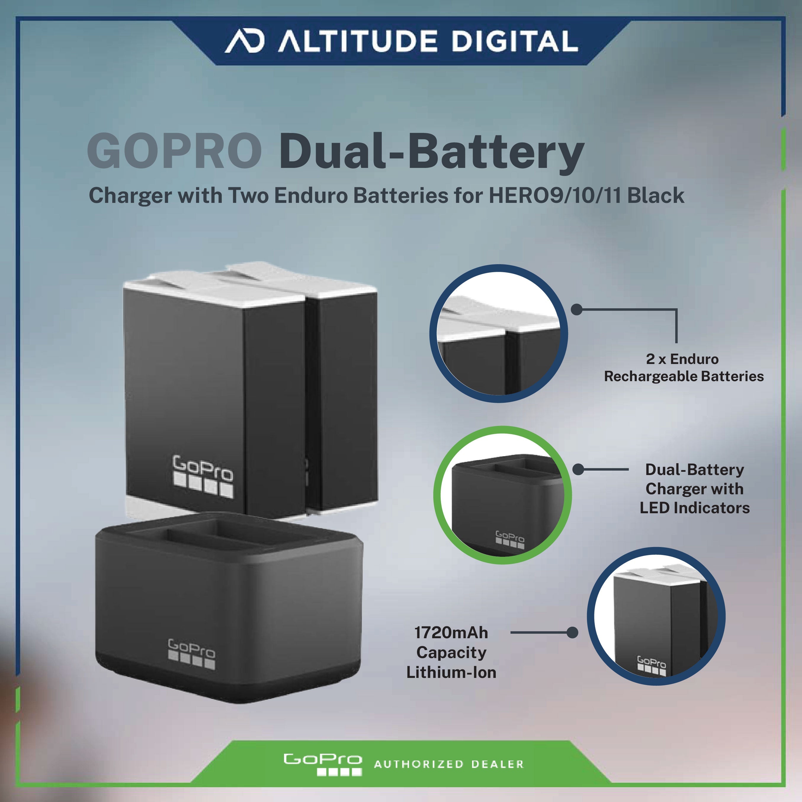 GoPro Dual Battery Charger + Enduro Batteries For Hero9/Hero10/Hero11/Hero12